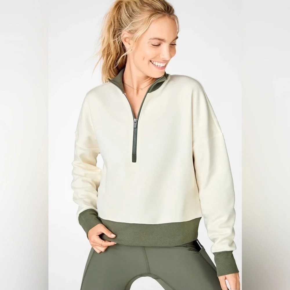 Fabletics Catarina Mock Neck Half Zip Pullover 1X White Dove/Safari